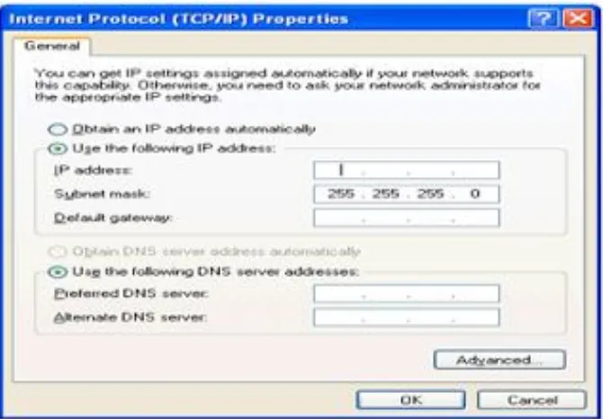 Gambar  memilih Use the following IP Address  pada computer B dan mengisikan  IP Address secara manual