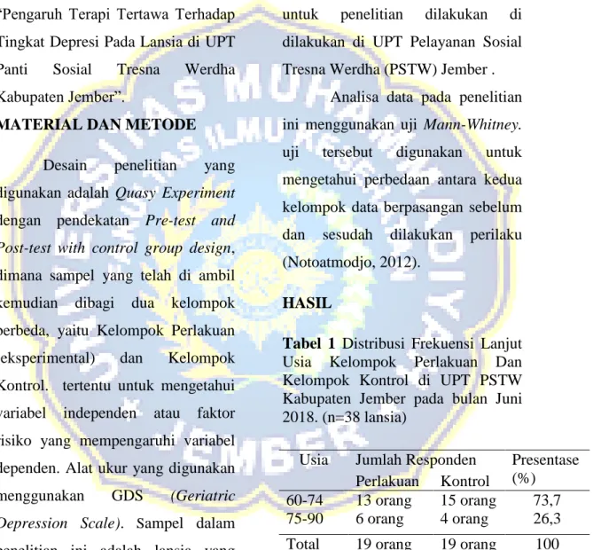Tabel  1  Distribusi  Frekuensi  Lanjut  Usia  Kelompok  Perlakuan  Dan  Kelompok  Kontrol  di  UPT  PSTW  Kabupaten  Jember  pada  bulan  Juni  2018