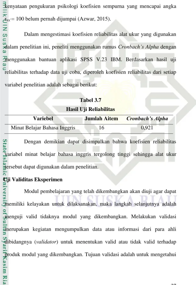 Tabel 3.7  Hasil Uji Reliabilitas 