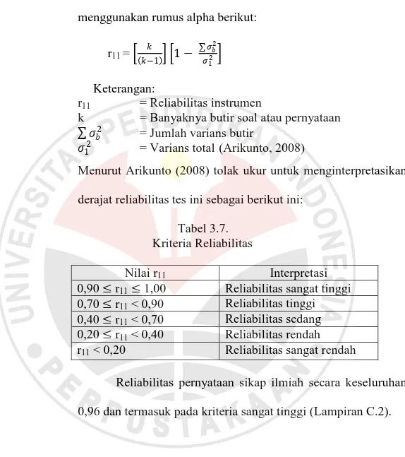 Tabel 3.7.      Kriteria Reliabilitas 