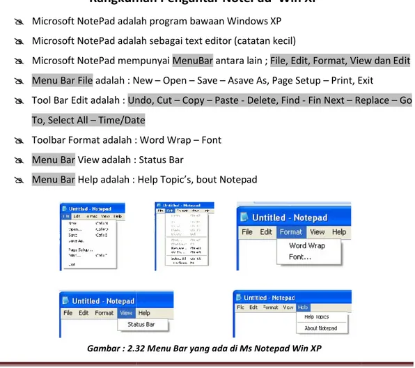 Gambar : 2.32 Menu Bar yang ada di Ms Notepad Win XP