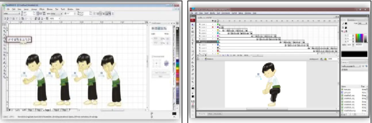 Gambar  4  menunjukkan  salah  satu  tahap  pembuatan  gambar  karakter  menggunakan Corel Draw X3 dan salah satu tahap saat pembuatan animasi karakter  menggunakan aplikasi Adobe Flash CS3