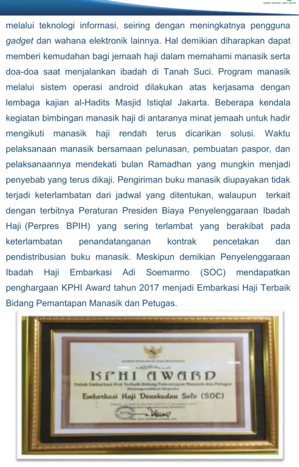Gambar : PPIH Embarkasi Adi Soemarmo (SOC) mendapatkan penghargaan  KPHI Award Tahun 2017 menjadi Embarkasi Haji Terbaik Bidang 