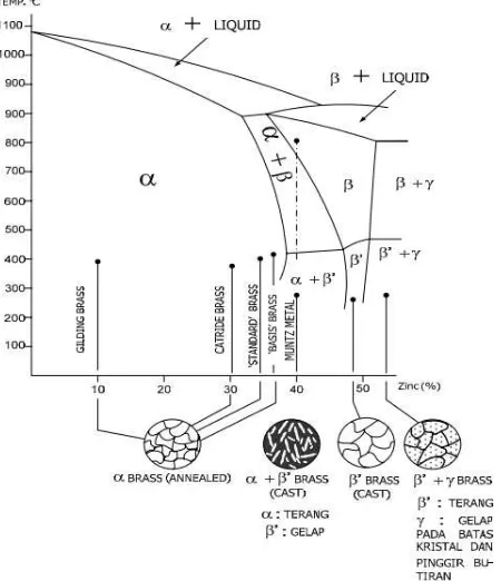 Gambar 2.3 Diagram fasa dan struktur mikro paduan tembaga – seng (Copper-Zinc) [1] 