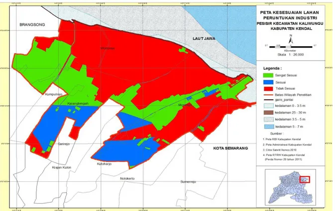Gambar 2. Peta Kesesuaian Lahan Peruntukan Industri di Pesisir Kecamatan Kaliwungu, Kabupaten Kendal  Hal  tersebut  sangat  berbahaya  untuk  waktu  mendatang  apabila  tidak  segera  dilakukan  pengendalian  pemanfaatan ruang terutama untuk zona-zona yan