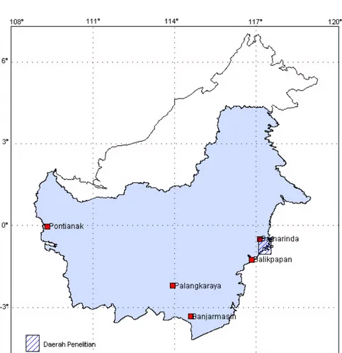 Gambar 1  Peta lokasi daerah penelitian, perairan Delta Mahakam Kalimantan Timur