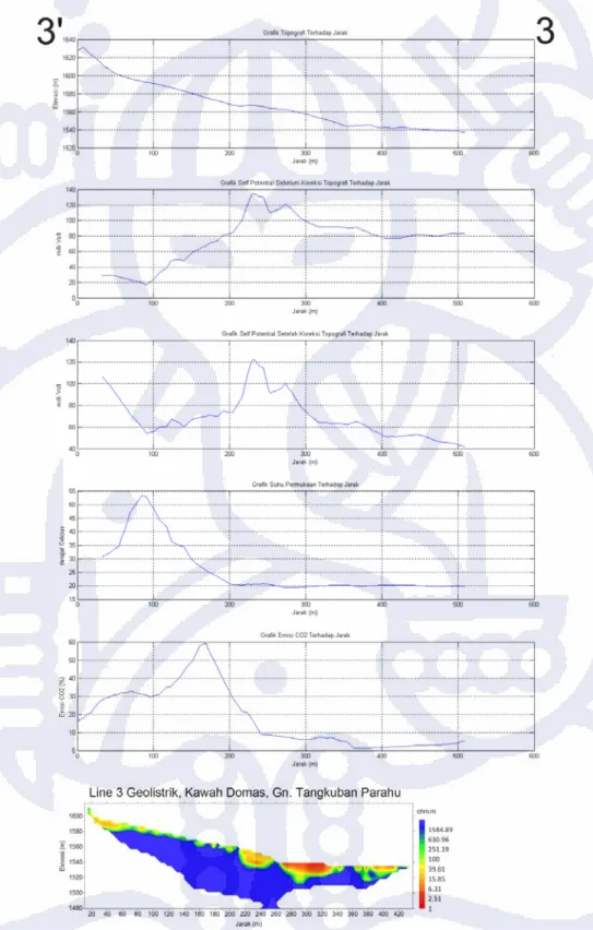 Gambar IV.3c. Komparasi data elevasi, self-potential, tempertur permukaan, emisi gas CO2 dan 2D 