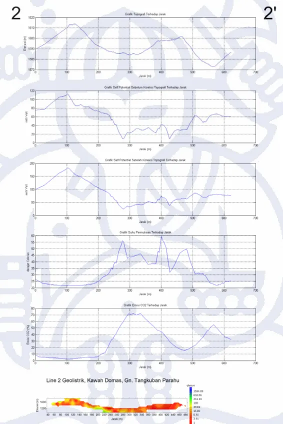 Gambar IV.3b. Komparasi data elevasi, self-potential, temperatur permukaan, emisi gas CO2, dan 2D 