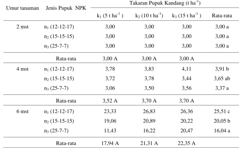Tabel 6. Pengaruh jenis pupuk NPK dan takaran pupuk kandang terhadap jumlah daun pada umur 2, 4, dan 6  mst (helai)