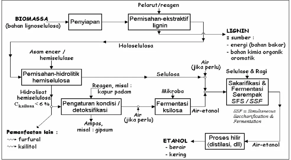 Gambar II.9  Skema ideal pemanfaatan biomassa untuk memproduksi ethanol bahan bakar (Soerawidjaja