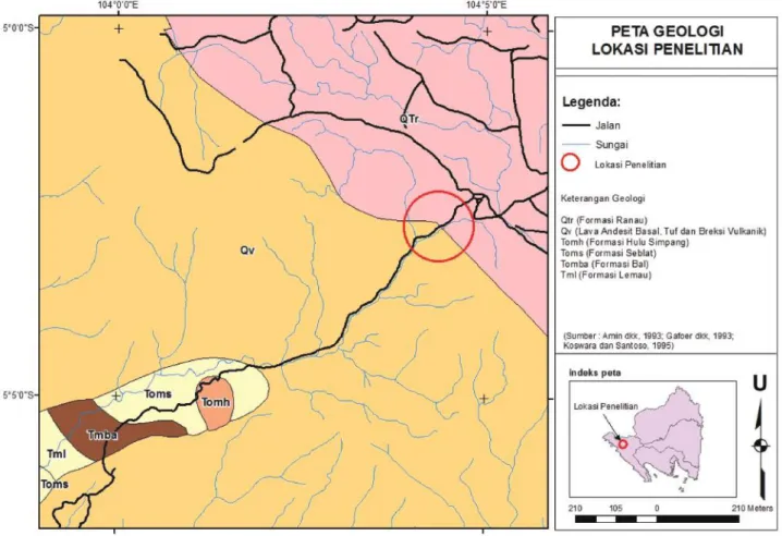 Gambar 1. Lokasi penelitian dan peta geologi regional lokasi penelitian (Modifikasi dari Amin drr., 1993; Gafoer drr., 1993; Koswara dan Santoso, 1995).