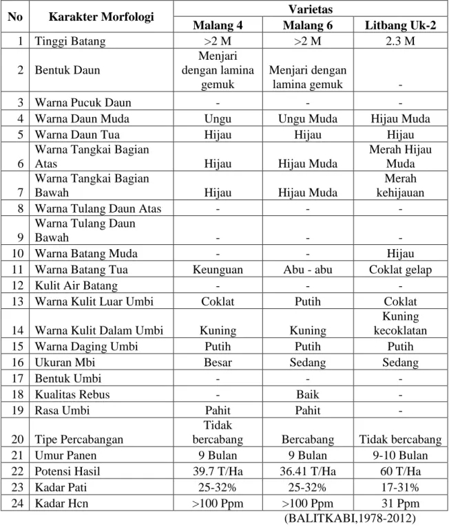 Tabel 3. Deskripsi Singkong Varietas Malang 4, Varietas Malang 6 Dan Litbang Uk-2 