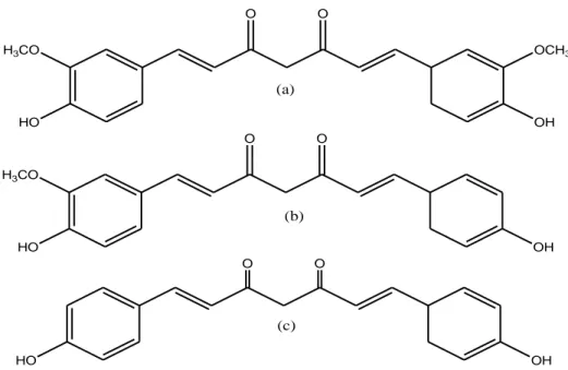 Gambar  2.Struktur  kimia  (a)  kurkumin,  (b)  demetoksikurkumin,  dan  (c)  bis- bis-demetoksikurkumin (Gambar diadopsi dari Hwang, 2006)