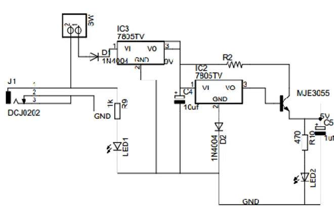 Gambar 10. Perancangan catu daya dengan menggunakan regulator  5 volt dan transistor MJE 3055 [9] 