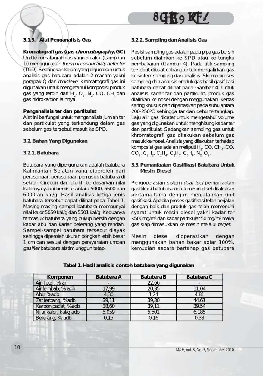 Tabel 1. Hasil analisis contoh batubara yang digunakan 3.2.2. Sampling dan Analisis Gas