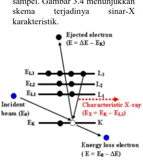 Gambar 3.4  Sinar-X karakteristik  karena berkas elektron 38  Kemungkinan  lain  yang  bisa  terjadi,  energi  yang  diemisikan  dari perpindahan elektron tersebut  ditransfer  ke  elektron  yang  lain,  sehingga  elektron  tersebut  juga  ikut  keluar  da