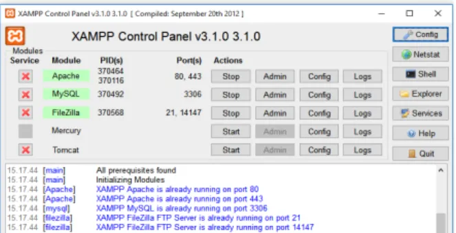 Gambar 20. Koneksi Database MySQL dengan XAMPP  2.  Langkah  selanjutnya  adalah  membuat  nama  database 