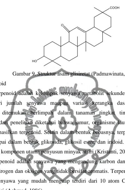 Gambar 9. Struktur asam glisiretat (Padmawinata, 1995)  3.  Terpenoid  