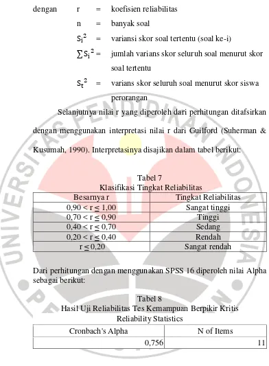 Tabel 7  Klasifikasi Tingkat Reliabilitas 