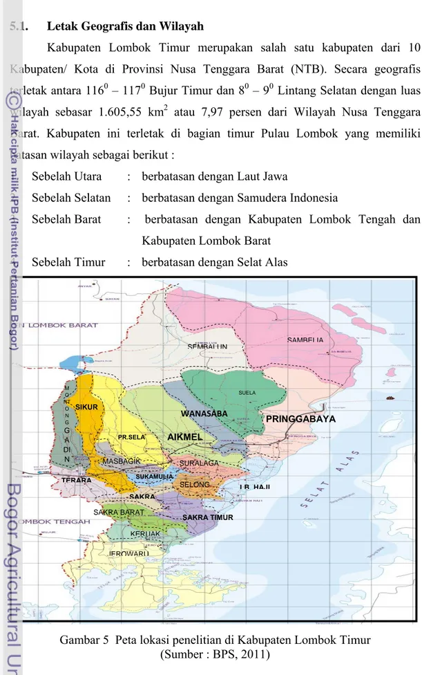 Gambar 5  Peta lokasi penelitian di Kabupaten Lombok Timur  (Sumber : BPS, 2011)  SAMBELIASEMBALUN PRINGGABAYA SUELA AIKMELPR.SELA SIKUR TERARALB