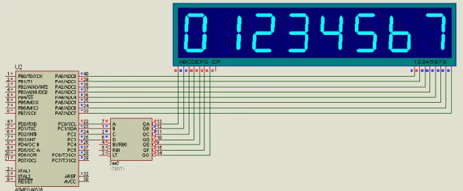 Gambar 5.3 Rangkaian 7 Segment LCD Multiplex dengan Decoder  Program 2. Aplikasi 7 Segment 8 digit dengan decoder 
