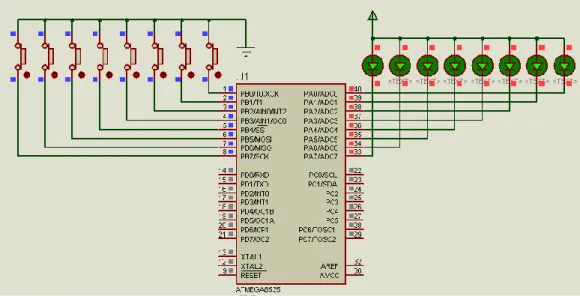 Gambar 8.3 Aplikasi Tombol Push Button dan LED  Program Baca Masukan Tombol Push Button ke LED 