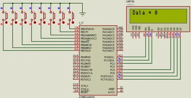 Gambar 8.5 Aplikasi Tombol Push Button dan LCD  Program Baca Masukan Tombol Push Button ke LCD 