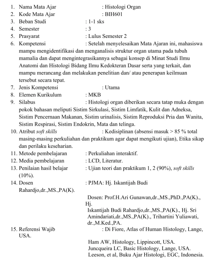 Tabel 5.42. Deskripsi Mata Ajar Histologi Organ  Minat Studi Ilmu Anatomi  Histologi 