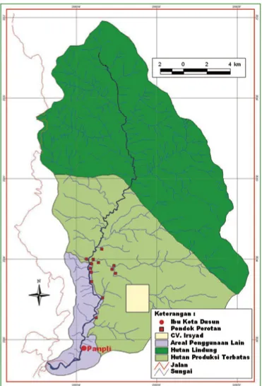 Gambar 3. Status kawasan hutan di dalam DAS Patikala dan sebaran pondok pemungut rotan