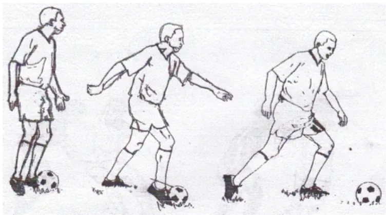 Gambar 5. Menggiring bola dengan kaki bagian dalam          (Sucipto dkk. 2000: 29) 