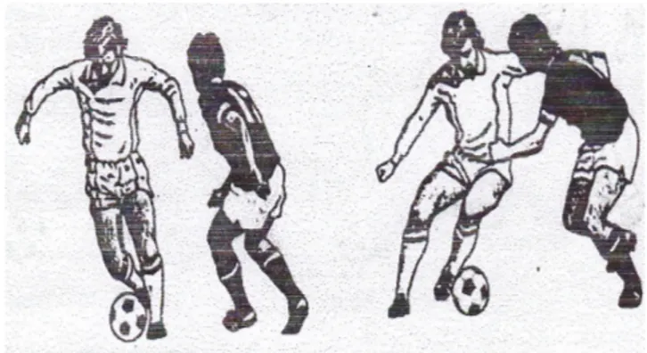 Gambar 6. Menggiring bola dengan kaki bagian luar  (Sucipto, dkk. 2000: 30) 