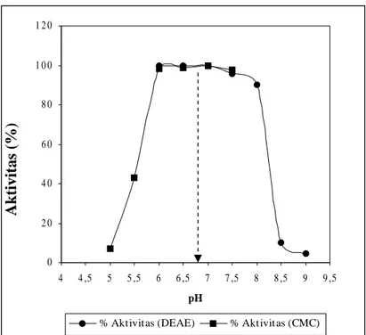 Gambar 1.  Hubungan antara pH dengan aktivitas (%) enzim hasil pemurnian, untuk penentuan pI