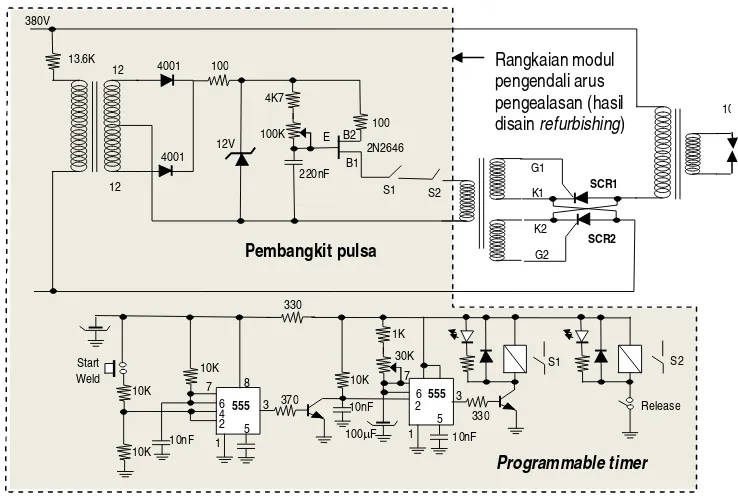 Gambar 5..  Rangkaian elektronik pembangkit pulsa dan programmable timer untuk pengendali arus dan waktu pengelasan