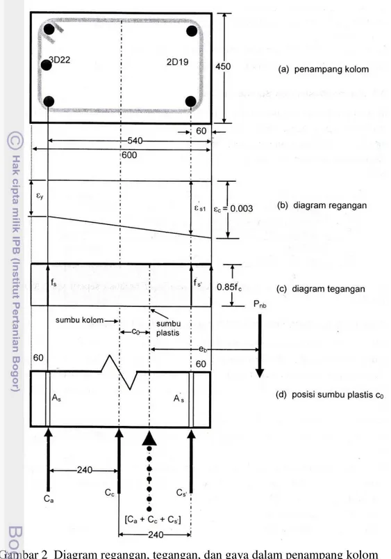 Gambar 2  Diagram regangan, tegangan, dan gaya dalam penampang kolom 