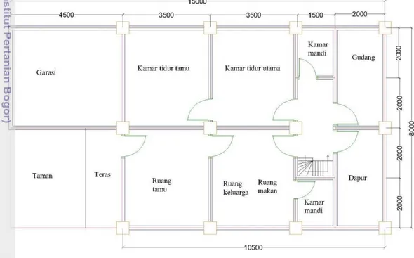 Gambar 7 merupakan sketsa denah lantai dasar struktur portal 3D simetris.  Dimensi  bangunan  direncanakan  panjang  10.5  m  dan  lebar  8  m