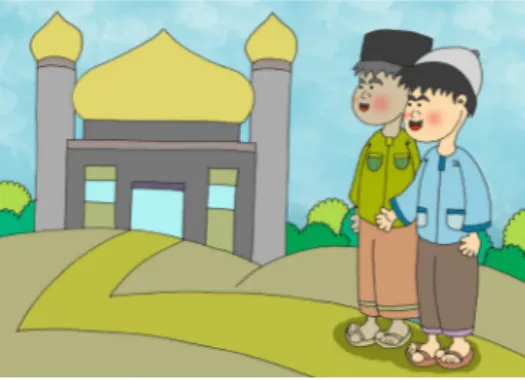 Gambar : gambar dua anak  laki-laki (Amri dan salim)  sedang berjalan kaki berangkat  ke masjid