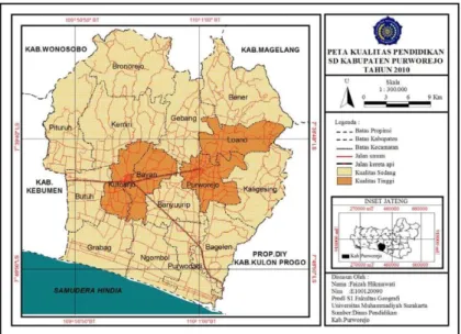 Gambar 1.  Peta Kualitas Pendidikan Sekolah Dasar Kabupaten Purworejo Tahun 2010  Hal  tersebut  dapat  terlihat  dari  Kecamatan    yang    mempunyai  aksesibilitas  dan  jaringan jalan yang memadai  seperti Kecamatan  Purworejo, Kutoarjo, dan Bayan yang 
