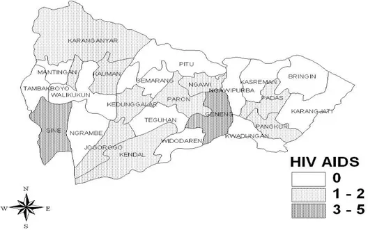 Gambar 2.  Peta sebaran HIV/AIDS di Kabupaten Ngawi 2013 
