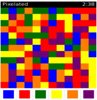 Gambar 1 Kondisi awal permainan Pixelated  Tantangan  dalam  permainan  ini  adalah  bagaimana  melakukan langkah yang baik sehingga seluruh layar dapt  menjadi  satu  warna  dengan  jumlah  langkah  kurang  dari  21 kali