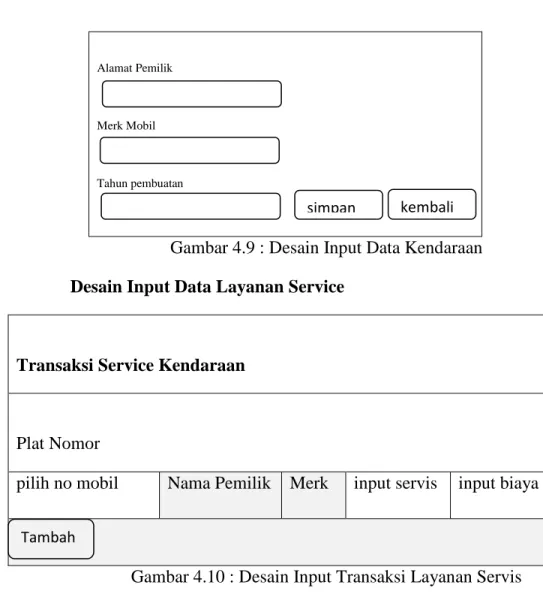 Gambar 4.9 : Desain Input Data Kendaraan  Desain Input Data Layanan Service 