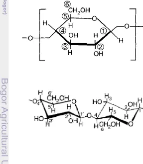Gambar 2 Unit glukopiranosa selulosa (Kamide 2005)