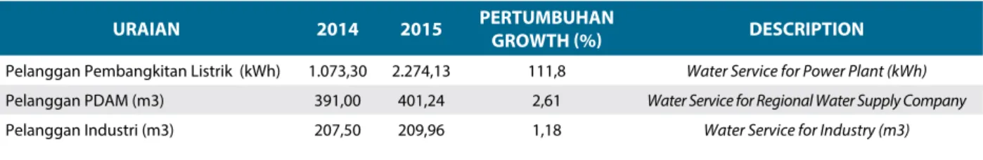 Tabel berikut menjelaskan layanan air baku Perusahaan  selama 2015: