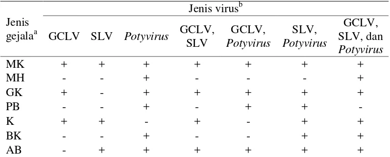 Tabel 4  Hasil deteksi virus dari sampel tanaman bawang berdasarkan reaksi  ELISA 