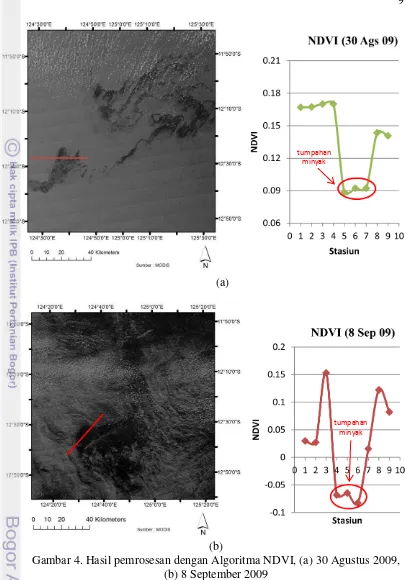 Gambar 4. Hasil pemrosesan dengan Algoritma NDVI, (a) 30 Agustus 2009,  