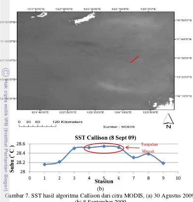 Gambar 7. SST hasil algoritma Callison dari citra MODIS, (a) 30 Agustus 2009, 