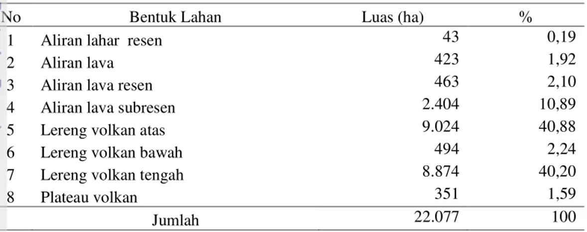 Tabel 9  Luas dan persentase bentuk lahan di TNGMb dan daerah penyangganya 
