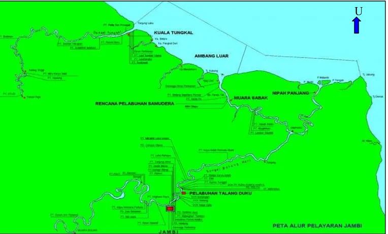Gambar 4-4 Peta Lokasi Pelabuhan Talang Duku, Kuala Tungkal dan  Muara Sabak (Pelindo II Cabang Jambi, 2007) 