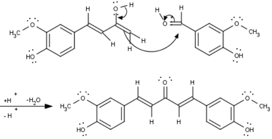 Gambar 3. Reaksi sintesis GVT-0 dengan strating material vanilin dan aseton  dengan katalis HCl (Sardjiman, 2000)