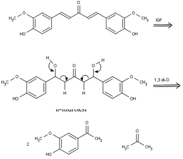Gambar 4. Analisis diskoneksi GVT-0 menghasilkan starting material aseton dan  vanilin (Sardjiman, 2000)