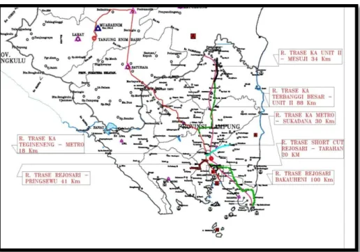 Gambar 3.2 Rencana Trase Kereta Api di Provinsi Lampung  5.  Skenario 5 ( Pengembangan Bandara Potensial) 